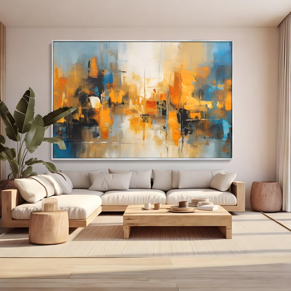 Tablou canvas cu pictura abstracta cu reflexii in apa, in rama de aluminiu argintiu, pe perete intr-un living